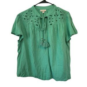 Knox Rose Green Eyelet Boho Peasant Blouse Top Size Large